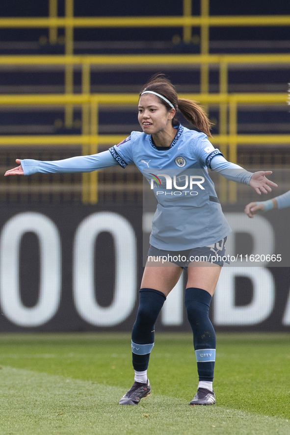 Yui Hasegawa #25 of Manchester City W.F.C. gesticulates during the Barclays FA Women's Super League match between Manchester City and Bright...