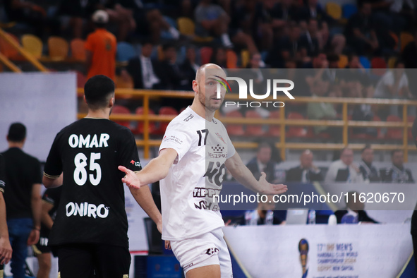 A Veszprem player reacts during his team's match against Zamalek in the Men's Handball Club World Championship in Cairo, Egypt 