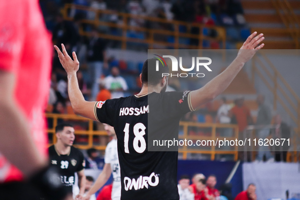 Zamalek player Hossam celebrates during his team's match against the Hungarian team Veszprem in the Men's Handball Club World Championship i...