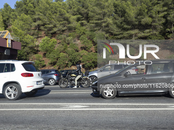 Cars drive near a toll at the 25 de Abril bridge in Lisbon, Portugal, on September 29, 2024. Data from the Portuguese Association of Highway...