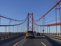 Cars drive on the 25 de Abril bridge in Lisbon, Portugal, on September 29, 2024. Data from the Portuguese Association of Highway Concessiona...