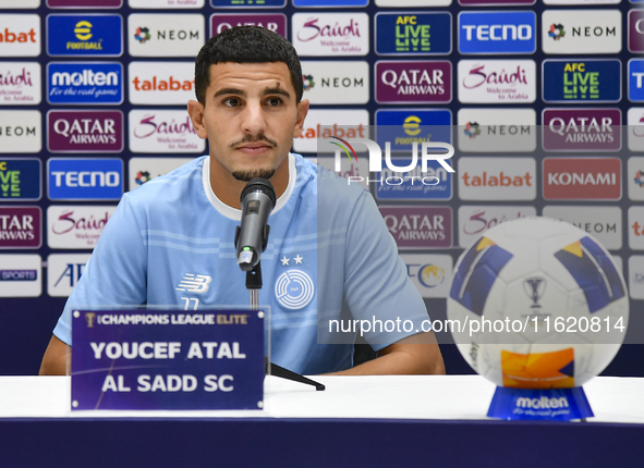 Youcef Atal of Al Sadd FC attends the press conference ahead of the AFC Champions League elite west football match between Qatar's Al Sadd S...