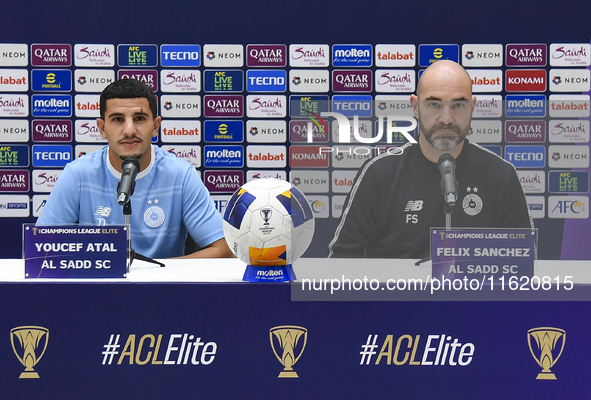 Felix Sanchez Bas (R), Head Coach of Al Sadd FC, and player Youcef Atal (L) attend the press conference ahead of the AFC Champions League el...