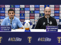 Felix Sanchez Bas (R), Head Coach of Al Sadd FC, and player Youcef Atal (L) attend the press conference ahead of the AFC Champions League el...