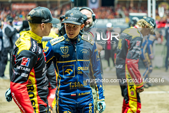 Jakub Krawczyk and Bartosz Banbor participate in a PGE Speedway Ekstraliga game between Sparta Wroclaw and Motor Lublin in Wroclaw, Poland,...