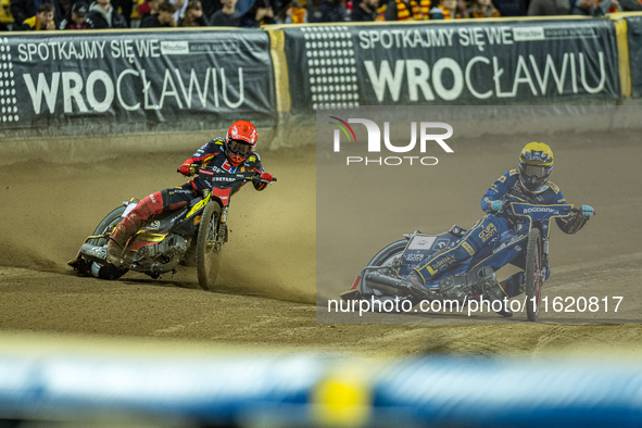 Jakub Krawczyk and Bartosz Banbor participate in a PGE Speedway Ekstraliga game between Sparta Wroclaw and Motor Lublin in Wroclaw, Poland,...