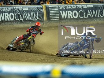 Jakub Krawczyk and Bartosz Banbor participate in a PGE Speedway Ekstraliga game between Sparta Wroclaw and Motor Lublin in Wroclaw, Poland,...