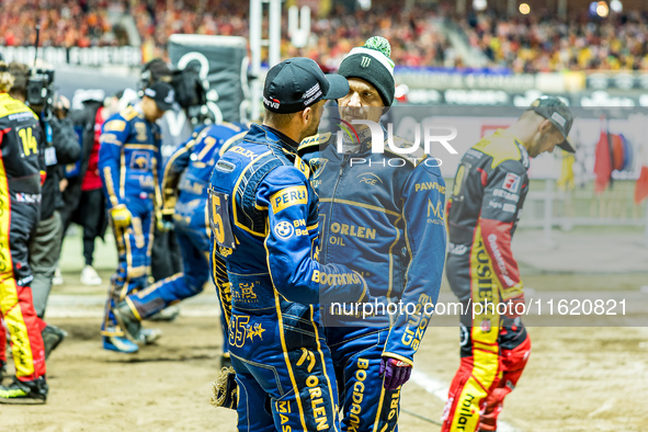 Bartosz Zmarzlik and Fredrik Lindgren participate in a PGE Speedway Ekstraliga game between Sparta Wroclaw and Motor Lublin in Wroclaw, Pola...