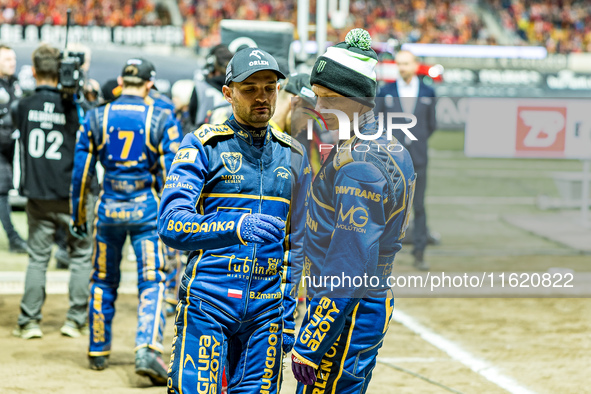 Bartosz Zmarzlik and Fredrik Lindgren participate in a PGE Speedway Ekstraliga game between Sparta Wroclaw and Motor Lublin in Wroclaw, Pola...