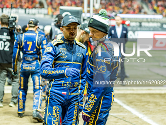 Bartosz Zmarzlik and Fredrik Lindgren participate in a PGE Speedway Ekstraliga game between Sparta Wroclaw and Motor Lublin in Wroclaw, Pola...