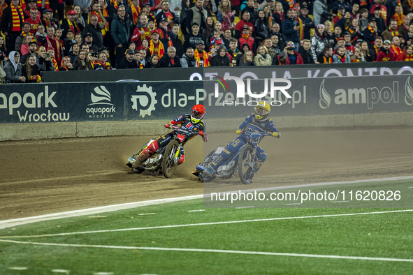 Artem Laguta and Dominik Kubera participate in a PGE Speedway Ekstraliga game between Sparta Wroclaw and Motor Lublin in Wroclaw, Poland, on...