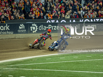 Artem Laguta and Dominik Kubera participate in a PGE Speedway Ekstraliga game between Sparta Wroclaw and Motor Lublin in Wroclaw, Poland, on...