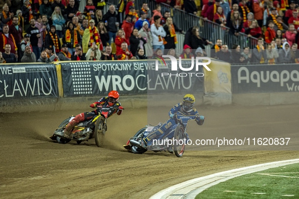 Jakub Krawczyk and Bartosz Banbor participate in a PGE Speedway Ekstraliga game between Sparta Wroclaw and Motor Lublin in Wroclaw, Poland,...