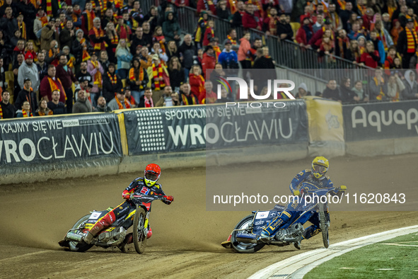 Artem Laguta and Dominik Kubera participate in a PGE Speedway Ekstraliga game between Sparta Wroclaw and Motor Lublin in Wroclaw, Poland, on...