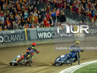 Artem Laguta and Dominik Kubera participate in a PGE Speedway Ekstraliga game between Sparta Wroclaw and Motor Lublin in Wroclaw, Poland, on...