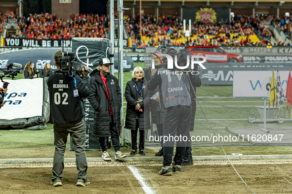 Tai Woffinden, Maria Rusko, and Andrzej Rusko attend a PGE Speedway Ekstraliga game between Sparta Wroclaw and Motor Lublin in Wroclaw, Pola...