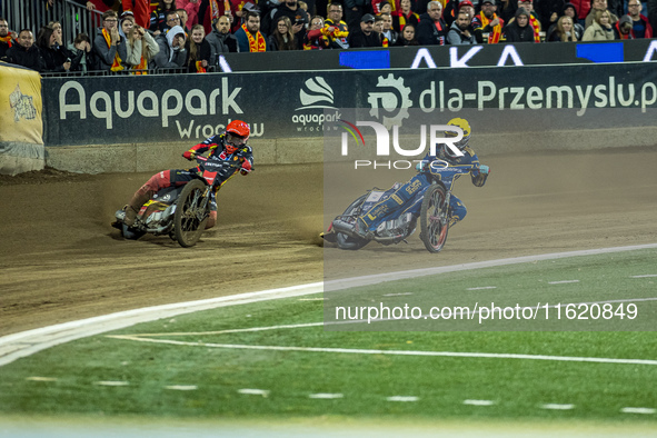 Jakub Krawczyk and Bartosz Banbor participate in a PGE Speedway Ekstraliga game between Sparta Wroclaw and Motor Lublin in Wroclaw, Poland,...