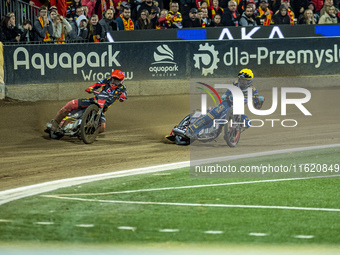 Jakub Krawczyk and Bartosz Banbor participate in a PGE Speedway Ekstraliga game between Sparta Wroclaw and Motor Lublin in Wroclaw, Poland,...