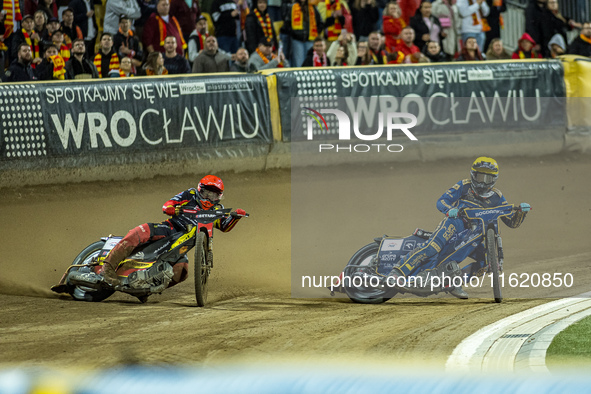 Jakub Krawczyk and Bartosz Banbor participate in a PGE Speedway Ekstraliga game between Sparta Wroclaw and Motor Lublin in Wroclaw, Poland,...