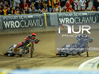 Jakub Krawczyk and Bartosz Banbor participate in a PGE Speedway Ekstraliga game between Sparta Wroclaw and Motor Lublin in Wroclaw, Poland,...