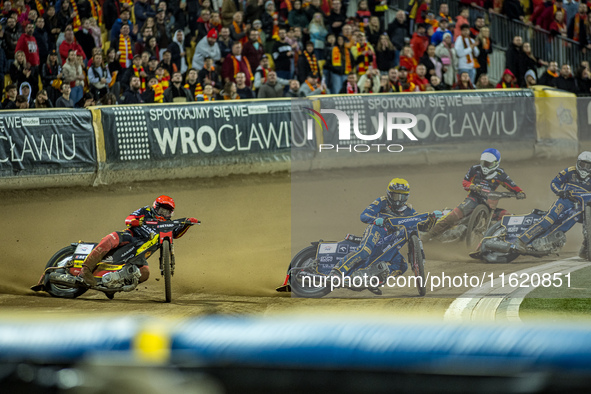 Jakub Krawczyk and Bartosz Banbor participate in a PGE Speedway Ekstraliga game between Sparta Wroclaw and Motor Lublin in Wroclaw, Poland,...