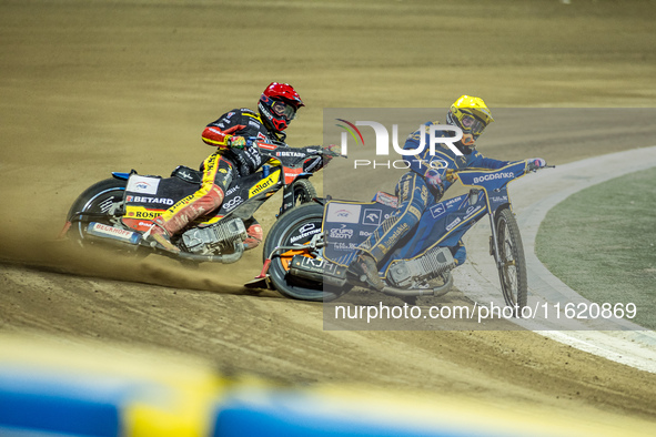 Dominik Kubera and Maciej Janowski participate in a PGE Speedway Ekstraliga game between Sparta Wroclaw and Motor Lublin in Wroclaw, Poland,...