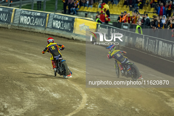 Artem Laguta and Bartlomiej Kowalski participate in a PGE Speedway Ekstraliga game between Sparta Wroclaw and Motor Lublin in Wroclaw, Polan...