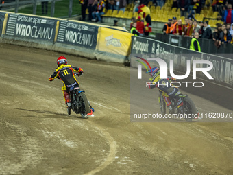 Artem Laguta and Bartlomiej Kowalski participate in a PGE Speedway Ekstraliga game between Sparta Wroclaw and Motor Lublin in Wroclaw, Polan...