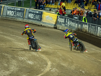 Artem Laguta and Bartlomiej Kowalski participate in a PGE Speedway Ekstraliga game between Sparta Wroclaw and Motor Lublin in Wroclaw, Polan...