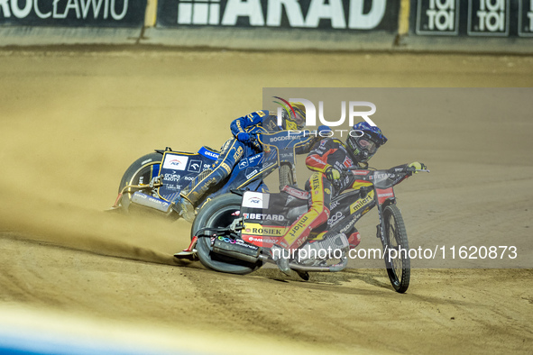 Daniel Bewley and Bartosz Zmarzlik participate in a PGE Speedway Ekstraliga game between Sparta Wroclaw and Motor Lublin in Wroclaw, Poland,...