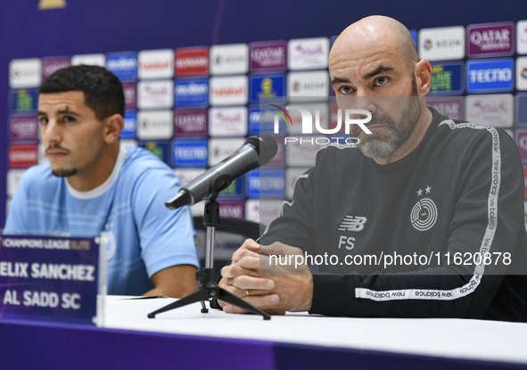 Felix Sanchez Bas (R), Head Coach of Al Sadd FC, attends the press conference ahead of the AFC Champions League elite west football match be...