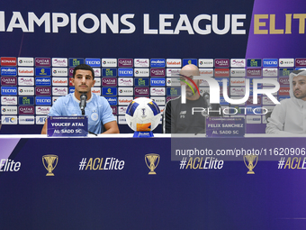 Felix Sanchez Bas, Head Coach of Al Sadd FC, and player Youcef Atal attend the press conference ahead of the AFC Champions League elite west...