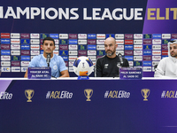 Felix Sanchez Bas, Head Coach of Al Sadd FC, and player Youcef Atal attend the press conference ahead of the AFC Champions League elite west...