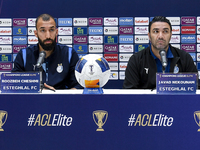 Roozbeh Cheshmi, Head Coach of Esteghlal FC, and player Javad Nekounam attend the press conference ahead of the AFC Champions League elite w...