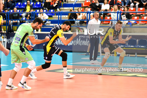 Yuasa Battery Grottazzolina plays during the SuperLega Credem Banca match between Yuasa Battery Grottazzolina and Mint Vero Volley Monza at...