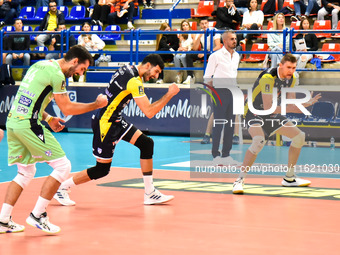 Yuasa Battery Grottazzolina plays during the SuperLega Credem Banca match between Yuasa Battery Grottazzolina and Mint Vero Volley Monza at...