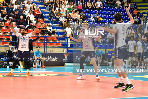 Mint Vero Volley Monza plays during the SuperLega Credem Banca match between Yuasa Battery Grottazzolina and Mint Vero Volley Monza at PalaS...