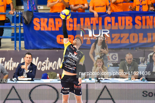 Zhukouski Tsimafei of Yuasa Battery Grottazzolina participates in the SuperLega Credem Banca match between Yuasa Battery Grottazzolina and M...