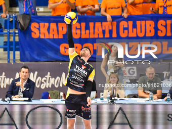 Zhukouski Tsimafei of Yuasa Battery Grottazzolina participates in the SuperLega Credem Banca match between Yuasa Battery Grottazzolina and M...