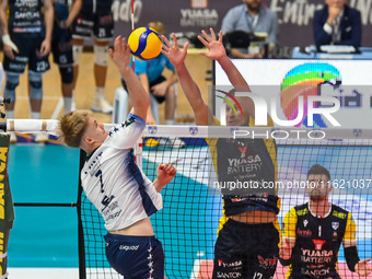 Petkovic Dusa of Yuasa Battery Grottazzolina and Marttila Luka of Mint Vero Volley Monza during the SuperLega Credem Banca match between Yua...