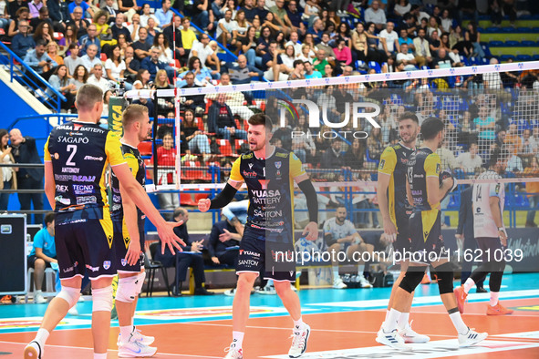 Zhukouski Tsimafei of Yuasa Battery Grottazzolina participates in the SuperLega Credem Banca match between Yuasa Battery Grottazzolina and M...