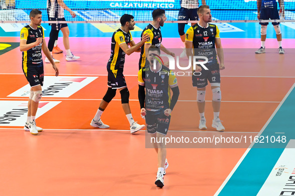 Zhukouski Tsimafei of Yuasa Battery Grottazzolina participates in the SuperLega Credem Banca match between Yuasa Battery Grottazzolina and M...