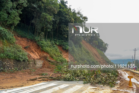 There are roadblocks on Charghare caused by landslides due to heavy rainfall in southern Lalitpur, Nepal, on September 29, 2024. 