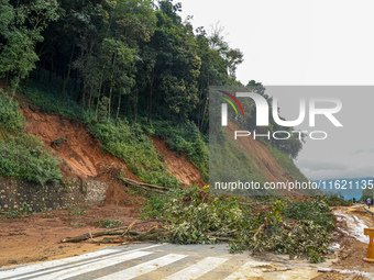 There are roadblocks on Charghare caused by landslides due to heavy rainfall in southern Lalitpur, Nepal, on September 29, 2024. (