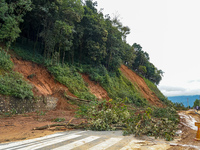 There are roadblocks on Charghare caused by landslides due to heavy rainfall in southern Lalitpur, Nepal, on September 29, 2024. (