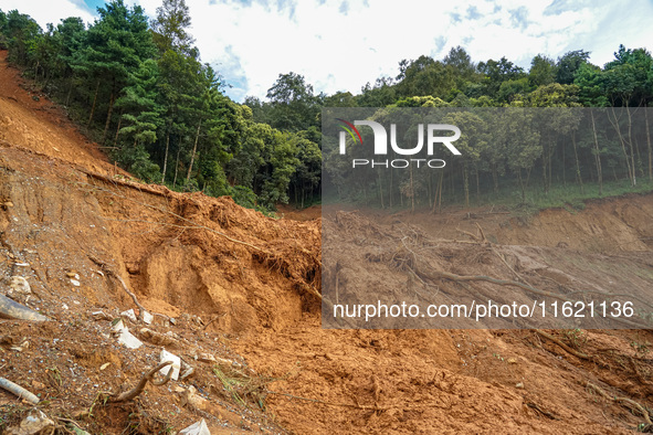 There are roadblocks on Charghare caused by landslides due to heavy rainfall in southern Lalitpur, Nepal, on September 29, 2024. 