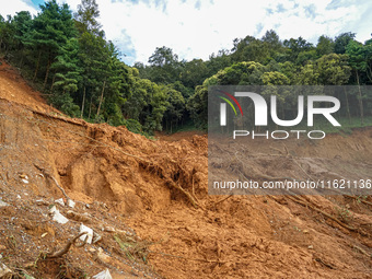 There are roadblocks on Charghare caused by landslides due to heavy rainfall in southern Lalitpur, Nepal, on September 29, 2024. (