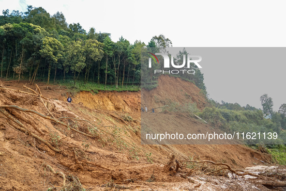 There are roadblocks on Charghare caused by landslides due to heavy rainfall in southern Lalitpur, Nepal, on September 29, 2024. 