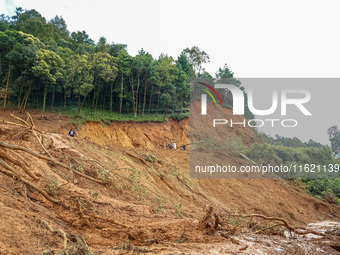 There are roadblocks on Charghare caused by landslides due to heavy rainfall in southern Lalitpur, Nepal, on September 29, 2024. (