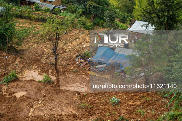 There are roadblocks on Charghare caused by landslides due to heavy rainfall in southern Lalitpur, Nepal, on September 29, 2024. 